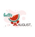 Hello August. Funny crab with ripe watermelon. Royalty Free Stock Photo