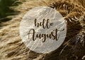 Hello August greeting on a ripe rye spikelets background.Summer harvest concept. Royalty Free Stock Photo