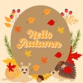Hello Autumn season background. Autumn concept with cute hedgehog and snail.