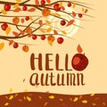 Hello Autumn apple tree branches foliage landscape fruit harvest season lettering in trend style flat cartoon Royalty Free Stock Photo