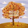 Hello Autumn apple tree landscape fruit harvest season lettering in trend style flat cartoon panorama horizon Royalty Free Stock Photo