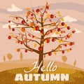 Hello Autumn apple tree landscape fruit harvest season in trend style flat cartoon panorama horizon. Illustration vector Royalty Free Stock Photo