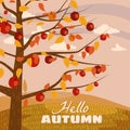 Hello Autumn apple tree landscape fruit harvest season in trend style flat cartoon panorama horizon. Illustration vector Royalty Free Stock Photo