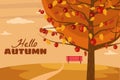 Hello Autumn apple tree landscape fruit harvest season in trend style flat cartoon panorama horizon. Illustration vector Royalty Free Stock Photo