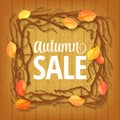 Hello Autumn Background. Bright branch and leaves on wood . lettering
