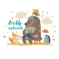 Hello autumn background with cute animals Royalty Free Stock Photo