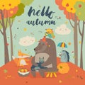 Hello autumn background with cute animals Royalty Free Stock Photo