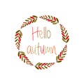 Hello autumn background with fall leaves. Nature autumnal vector concept. Orange and yellow leaf seasonal illustration Royalty Free Stock Photo