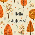 Hello autumn background with fall trees. Nature autumnal vector concept. Orange and yellow tree seasonal illustration