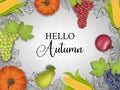 Hello autumn background with realistic fruits