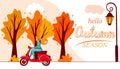 Hello autumn banner. Autumn park trees and a blonde girl on a red scooter.