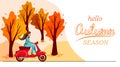 Hello autumn banner. Autumn park trees and a girl on a red scooter.