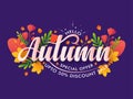 Hello autumn calligraphy colored text, Illustration of colorful maple fall leaves on purple background Royalty Free Stock Photo