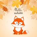 Hello Autumn card design with cute little fox. Royalty Free Stock Photo