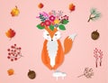 Vector image of cute red fox and bouquet on her head