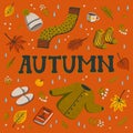 Hello autumn. Collection of fall season elements. Autumn greeting card with cozy home items for autumn season. Flat