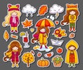 Hello Autumn collection. Vector illustration of colorful doodle fall symbols.