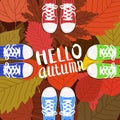 Hello autumn color illustration. Persons feet standing in sneakers on yellow, red, green fallen leaves. Hand drawn
