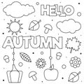 Hello Autumn. Coloring page. Black and white vector illustration.