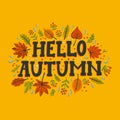 Hello autumn composition on yellow background. Autumn berries and leaves and hello autumn inscription. Fall season Royalty Free Stock Photo