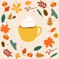Hello autumn. Cup of coffee/latte Autumn leafs on the background Royalty Free Stock Photo