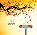 Hello autumn, with a cup of hot drink on the table and autumn tree Royalty Free Stock Photo