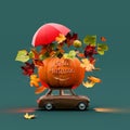 Hello Autumn. Cute brown car with pumpkin and autumn symbols on green background.