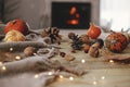 Hello autumn. Cute pumpkins, autumn leaves, cones, walnuts, cozy scarf and lights on rustic wooden table on background of Royalty Free Stock Photo