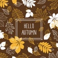 Hello autumn. Dark brown background with hand drawn leaves and frame.