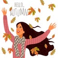 Hello autumn. Delight girl and falling leaves on white background. Cute vector