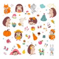 Hello autumn elements. Cartoon mushroom, pumpkin and animals. Hedgehog, bunny and cute fox. Harvest time, cozy fall