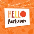 Hello autumn, fall background. Greeting card, invitation with maple, beech and oak leaves, apple and bokeh lights. Vector Royalty Free Stock Photo