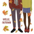 Hello, Autumn. cute illustration of a couple of teenagers and falling autumn leaves. Legs in boots on a white background Royalty Free Stock Photo