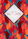 Hello autumn flyer or brochure template with red and orange leaves.