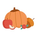 Hello autumn, fresh pumpkin apple acorn berry and pine cone cartoon white background