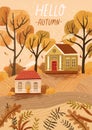 Hello autumn hand drawn greeting card vector template. Postcard, poster layout. Fall season landscape, countryside