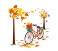 Hello autumn. Hand drawn tintage bicycle with autumn leaves in rear basket Royalty Free Stock Photo
