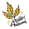 Hello Autumn hand drawn vector illustration and lettering. Isolated on white background. Royalty Free Stock Photo