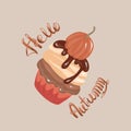 Hello autumn- hand lettering. Autumn dessert with pumpkin, delicious cupcake flat vector. Muffin sweet pastries.