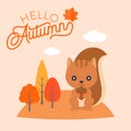 Hello autumn hand lettering font headline with squirrel and maple leaf for fall season