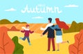 Hello autumn. Happy family in autumn park young parents mother father and son walking among yellow trees with falling Royalty Free Stock Photo