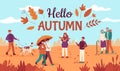 Hello autumn. Happy people walk in public park, red yellow trees and falling leaves, healthy lifestyle in fall season