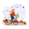 Hello, Autumn. Happy young girl rides a bike in the park. Healthy lifestyle and active recreation. Vector illustration in a flat