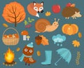 Hello Autumn icons set flat or cartoon style.Collection design elements with leaves, trees, mushrooms, pumpkin, wild Royalty Free Stock Photo