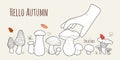 Hello Autumn.Illustration of Bolete,Morel,Champignon,Chanterelle,King Trumpet,Oyster,Chanterelle,Shiitake mushrooms,hand