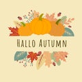 Hello Autumn Inscription in frame of pumpkins, maple leaves, branches, berries on beige background Royalty Free Stock Photo