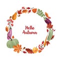 Hello Autumn inscription written with elegant calligraphic script inside round frame or wreath made of seasonal