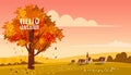 Hello Autumn landscape countryside farm scene, poster. Rural fall view fields Royalty Free Stock Photo