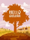 Hello Autumn landscape countryside farm scene, poster. Rural fall view fields Royalty Free Stock Photo