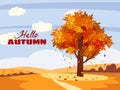 Hello Autumn landscape countryside farm scene, poster. Rural fall view fields Royalty Free Stock Photo